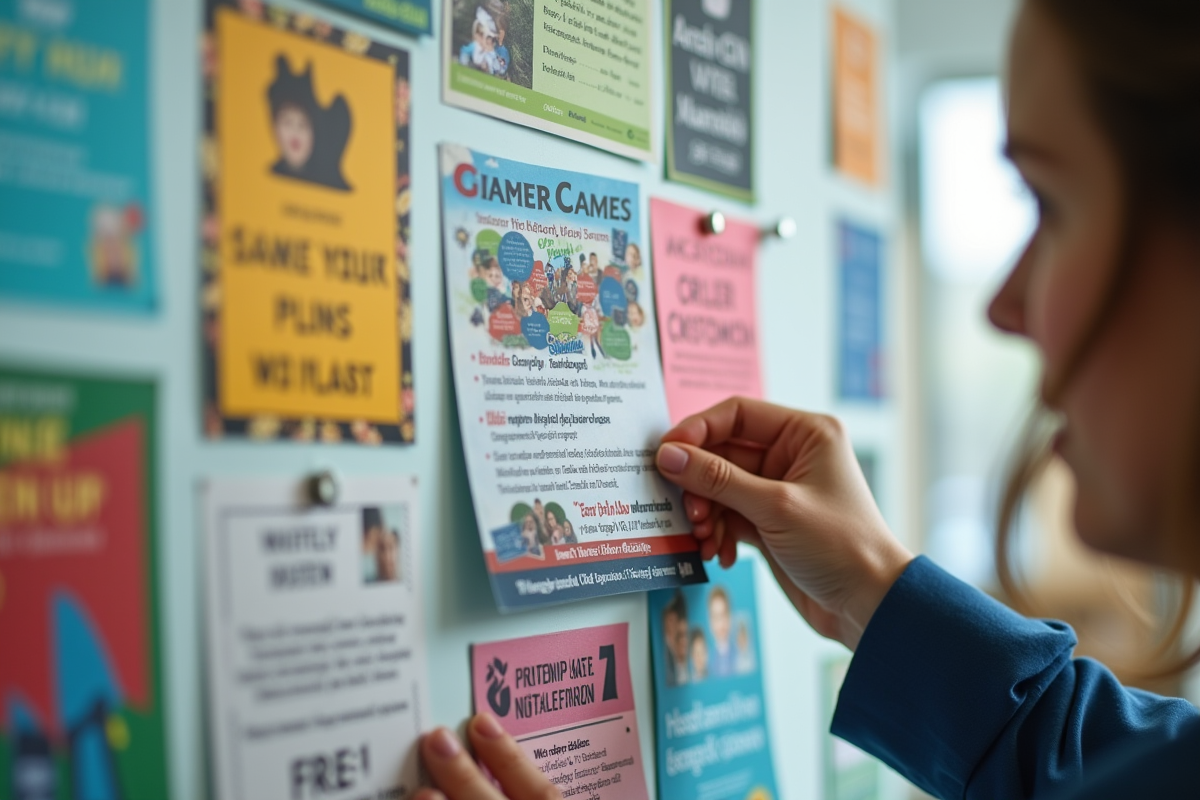 Main fixant une affiche colorée sur un tableau d annonces communautaires