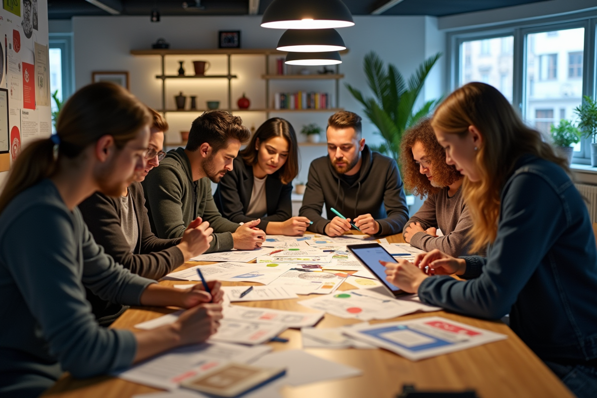 Atelier de branding contemporain avec logos historiques et table