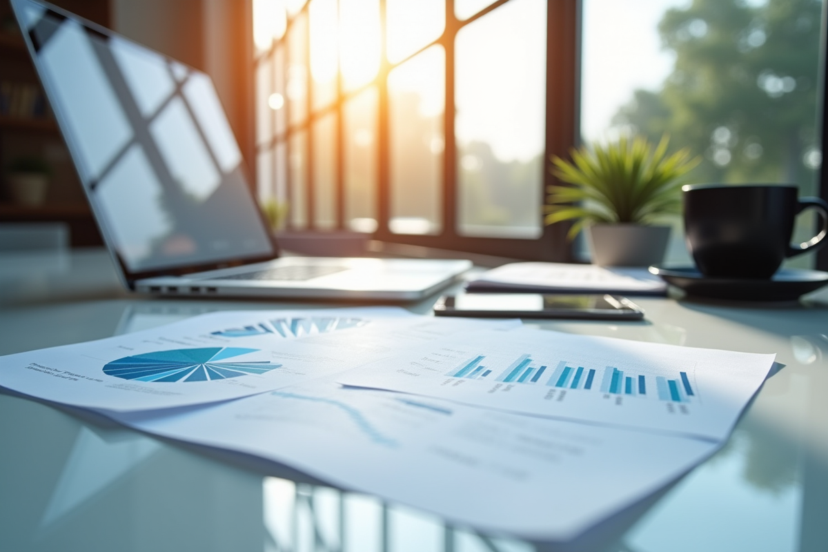 Espace de travail moderne avec graphiques et documents financiers