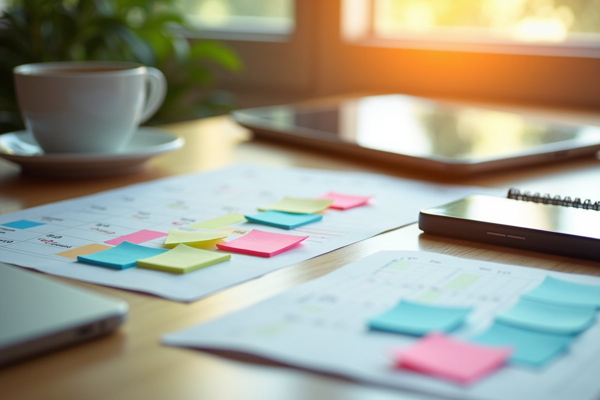 Bureau organisé avec notes et outils de gestion efficace
