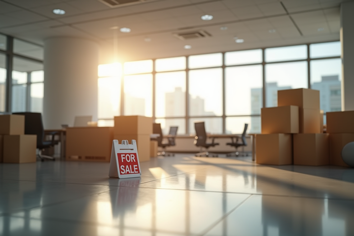 Bureau vide avec cartons et panneau vente symbolisant fin d