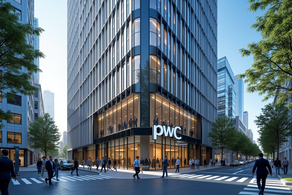 Bâtiment de bureaux avec logo PwC et personnes marchant