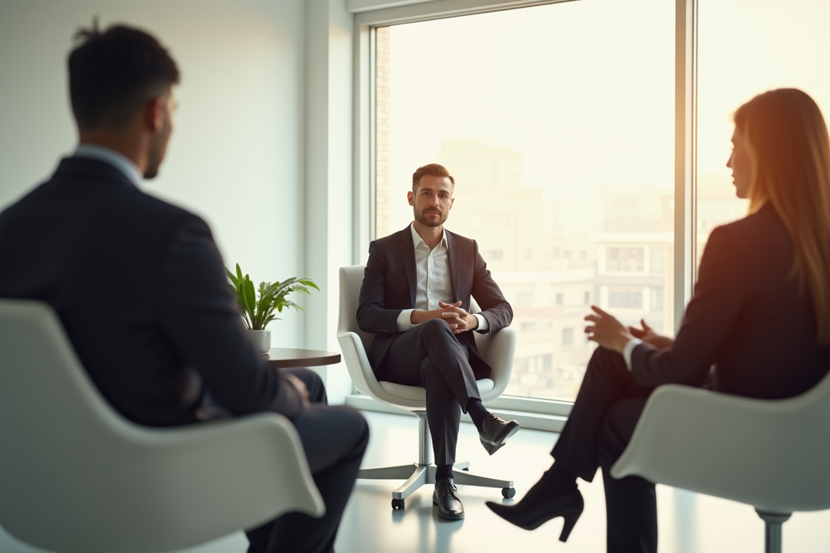 Candidat confiant répondant à un entretien dans une salle lumineuse