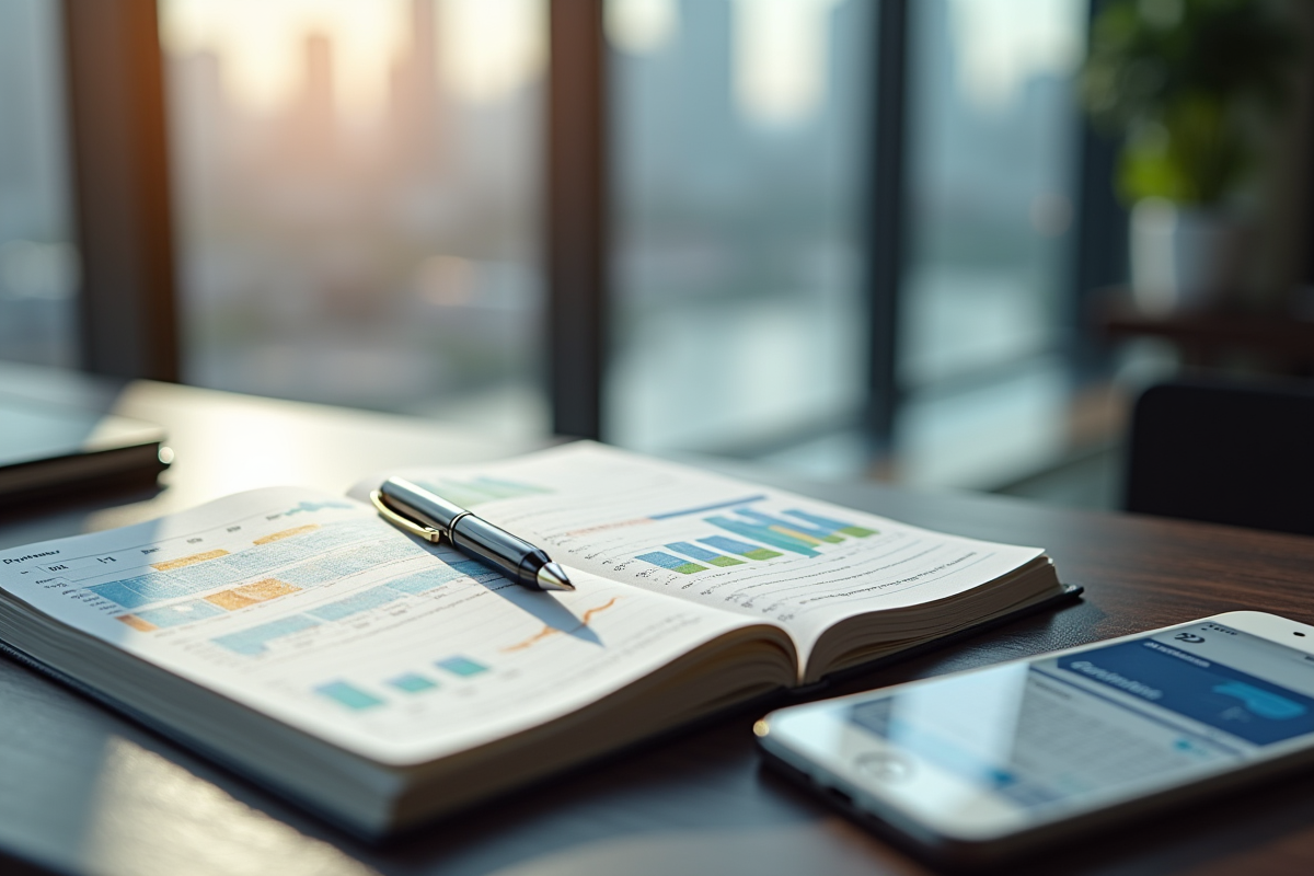 Carnet avec notes et graphiques financiers sur bureau