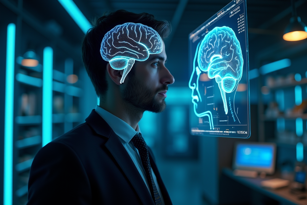 Cerveau numérique brillant sur un homme en costume dans un laboratoire