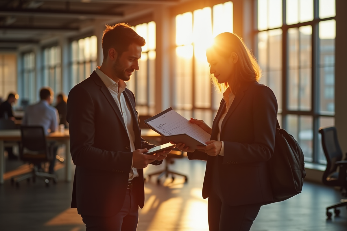 Deux collègues partageant un carnet de stratégie dans un bureau lumineux