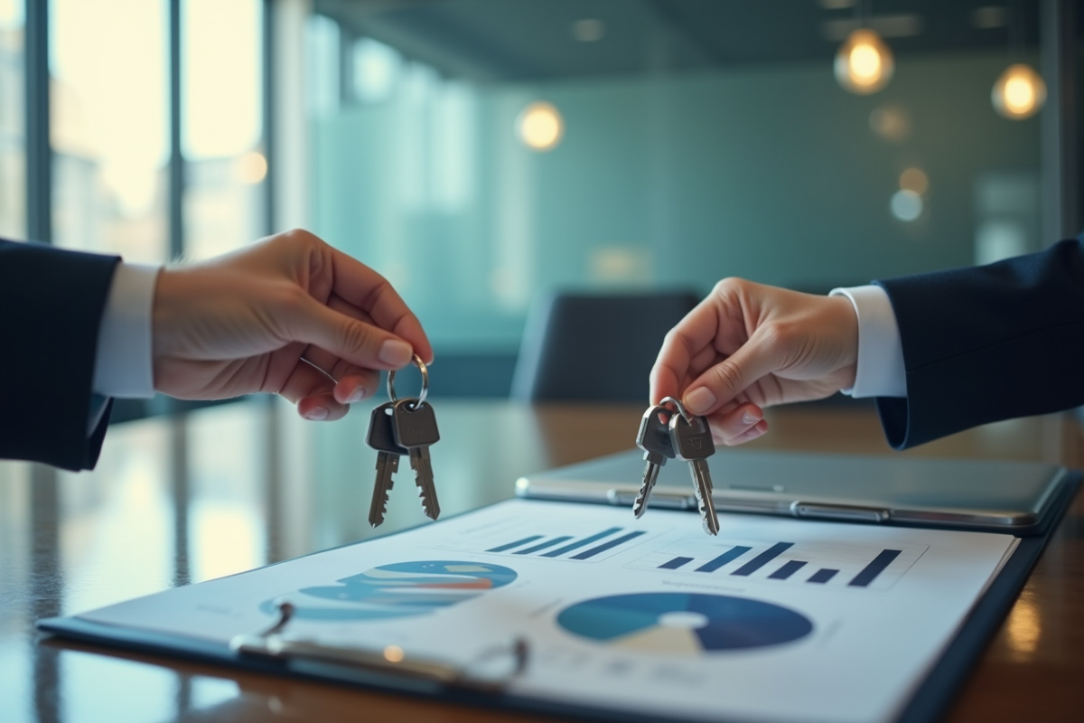 Main passant des clés et un dossier avec graphiques en réunion