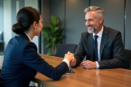 Deux professionnels d'affaires se serrant la main dans un bureau moderne