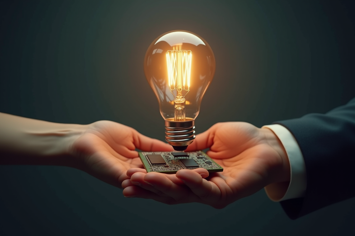 Deux mains échangeant une ampoule vintage et une puce