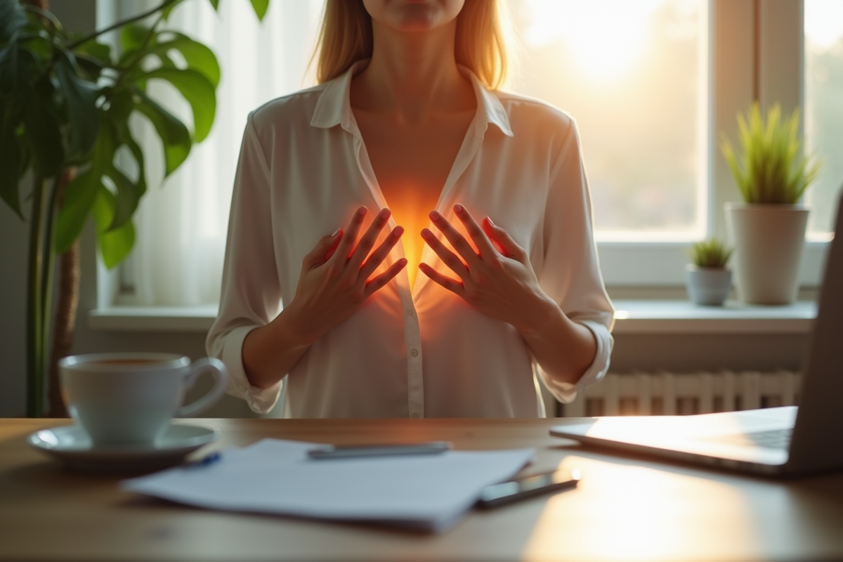 Personne pratique respiration profonde au bureau paisible