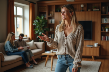 Femme souriante accueillant des amis dans un salon chaleureux