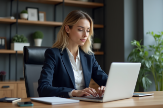 Femme d'affaires en costume dans un bureau moderne