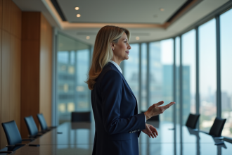 Femme d'affaires en costume navy lors d'une réunion