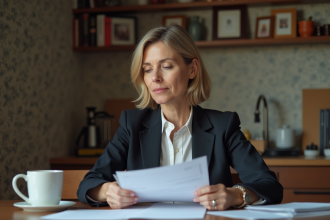 Femme d affaires française examine des documents chez elle