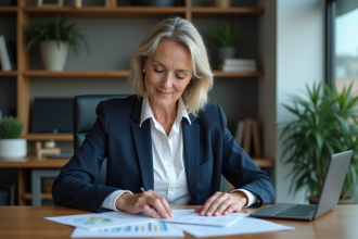 Femme d'affaires assise à un bureau moderne en train d'étudier des documents