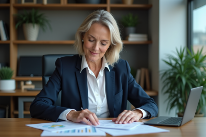 Femme d'affaires assise &agrave; un bureau moderne en train d'&eacute;tudier des documents