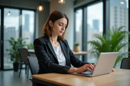 Femme d'affaires analysant des donn&eacute;es sur une tablette dans un espace coworking