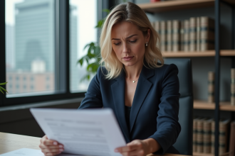 Femme en costume navy lisant un document juridique dans un bureau