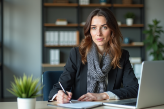 Femme concentrée au bureau avec ordinateur et notes