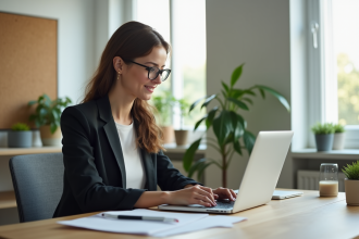 Jeune femme au bureau moderne en tenue décontractée