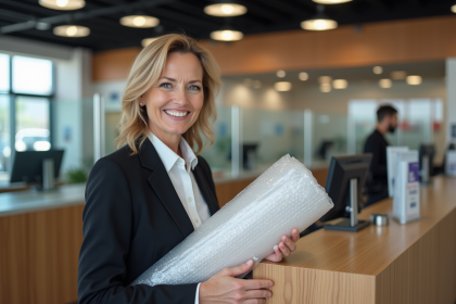 Femme souriante avec bulle de protection dans un bureau de poste