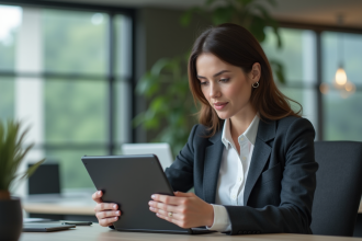 Femme confiante utilisant une tablette dans un bureau moderne