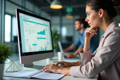 Femme en r&eacute;union marketing avec tableau digital