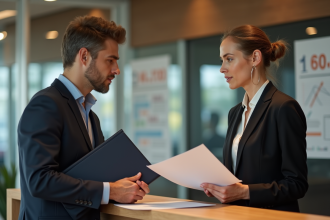 Femme professionnelle explique des papiers à un jeune homme dans un bureau moderne