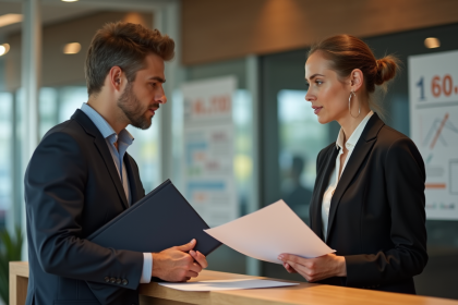 Femme professionnelle explique des papiers &agrave; un jeune homme dans un bureau moderne
