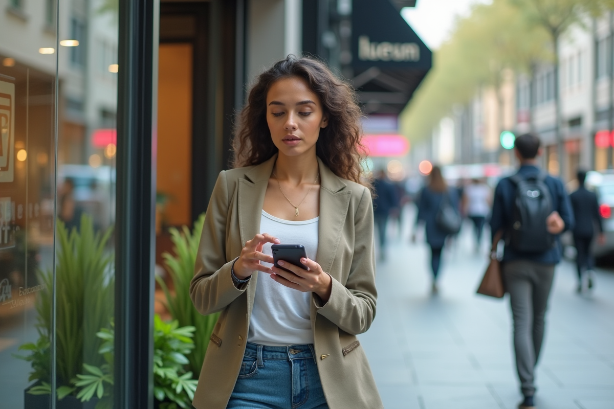 Jeune femme scannant un QR dans une rue urbaine