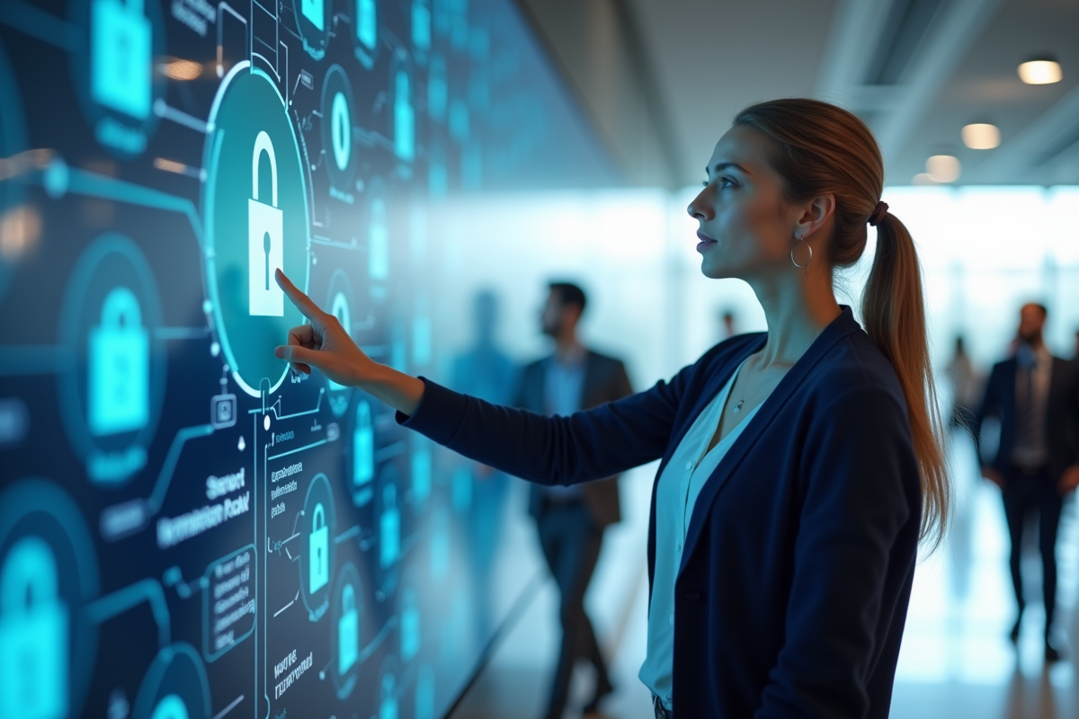 Jeune femme pointant des icônes de securite digitale dans un hall