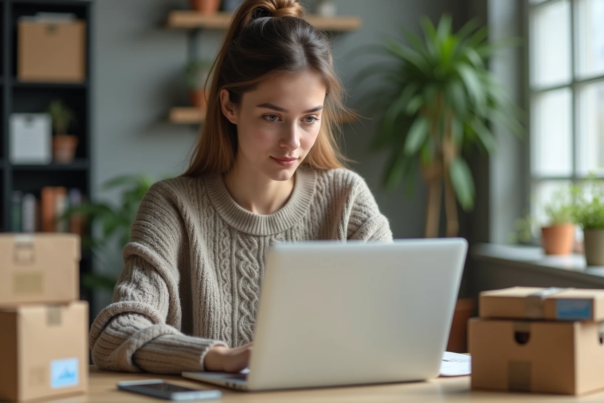 Jeune femme concentrée travaillant sur un ordinateur dans un bureau moderne