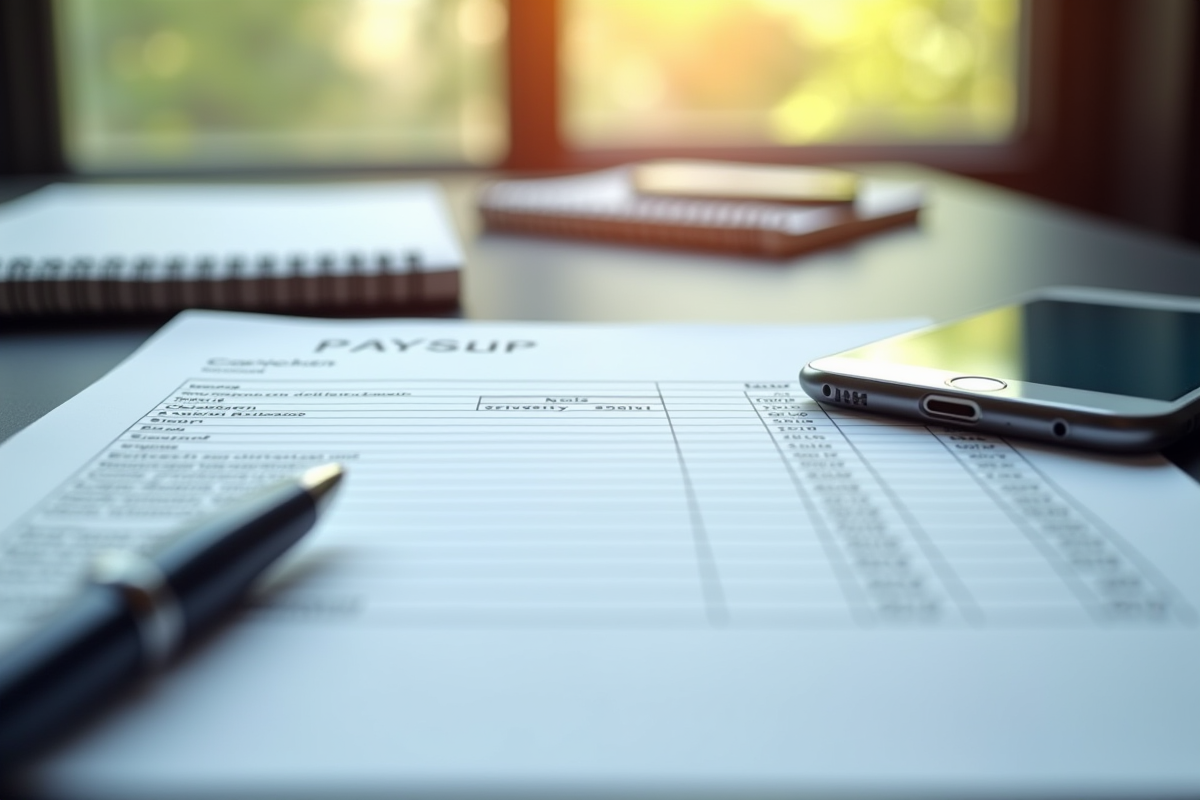 Zoom sur une fiche de paie avec un carnet et un téléphone à côté