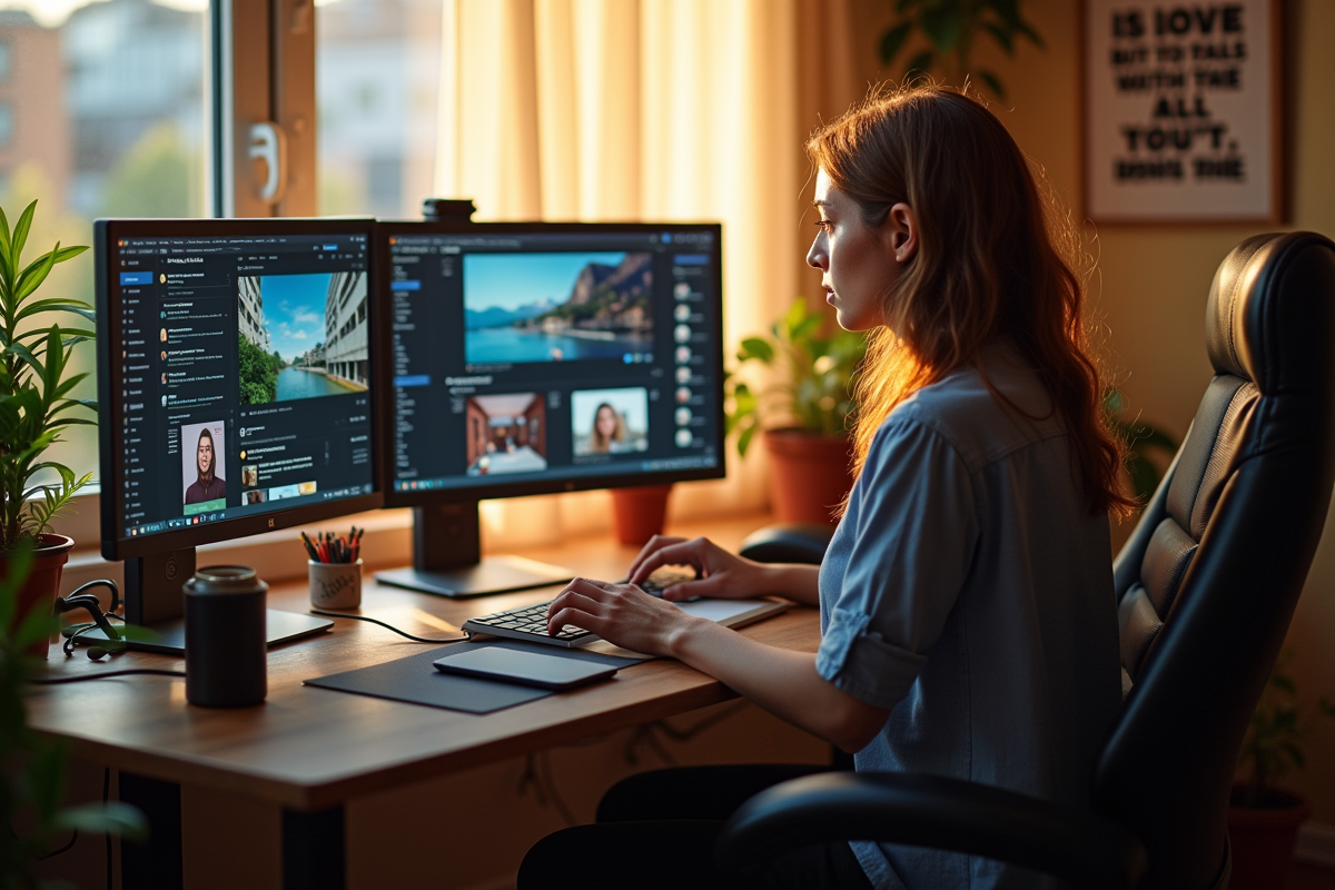 Freelance travaillant à domicile avec plusieurs écrans et lumière naturelle