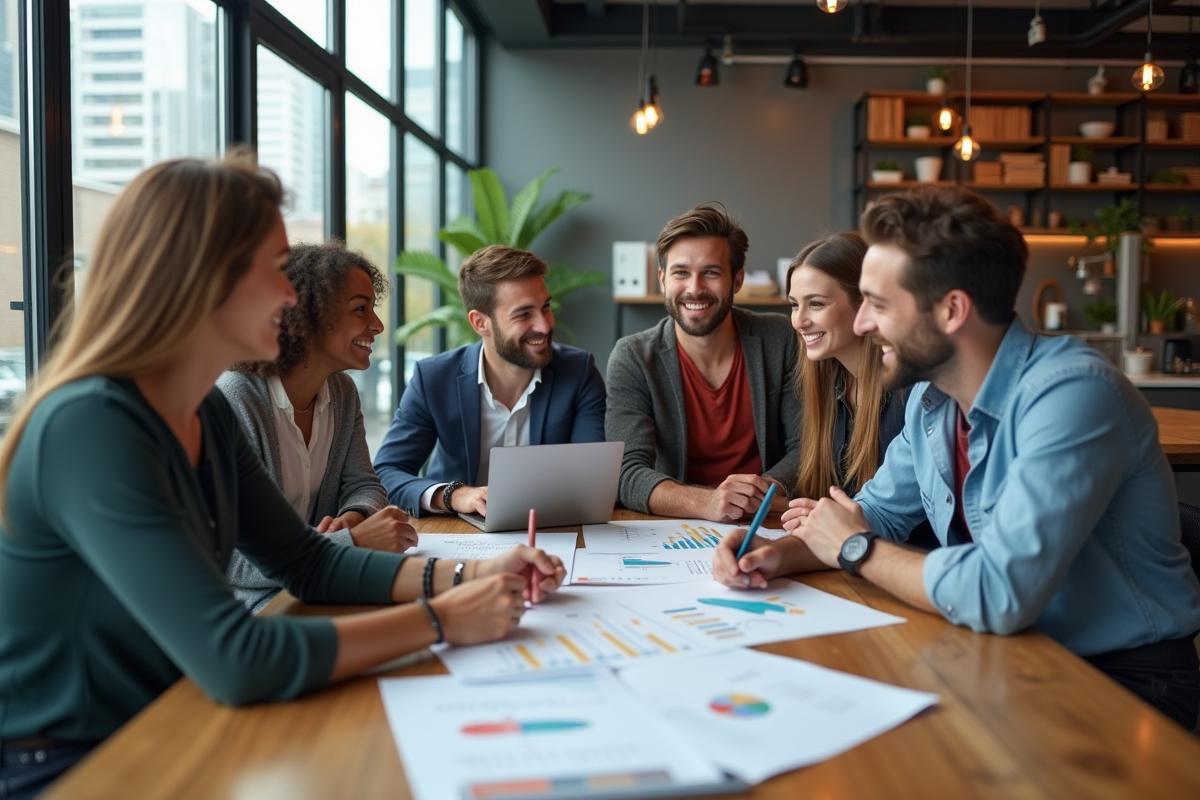 Groupe divers de professionnels discutant autour d