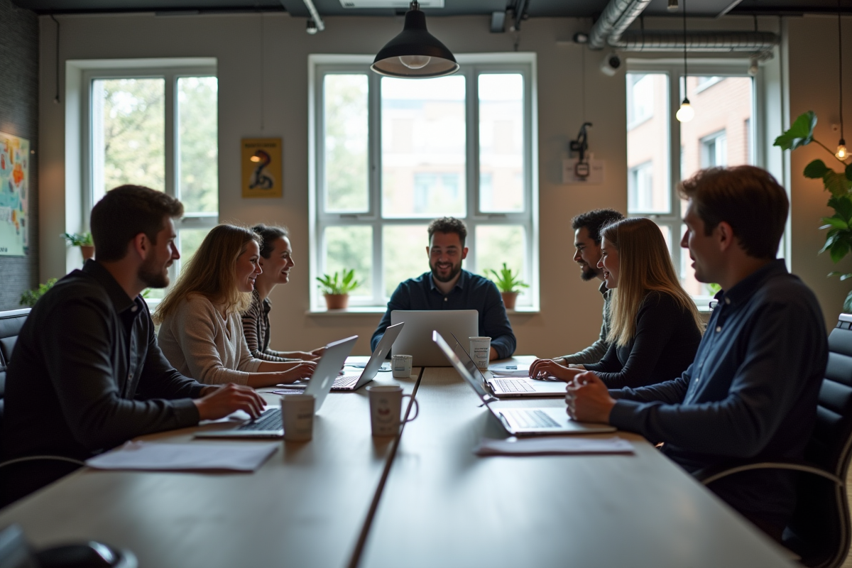 Groupe de personnes analysant des dossiers de startup en coworking lumineux
