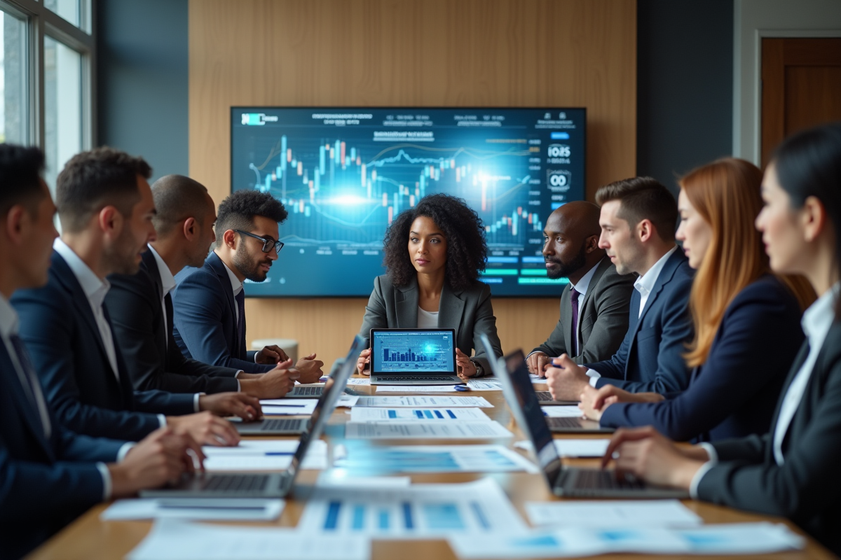 Groupe diversifié de professionnels analysant documents financiers en réunion