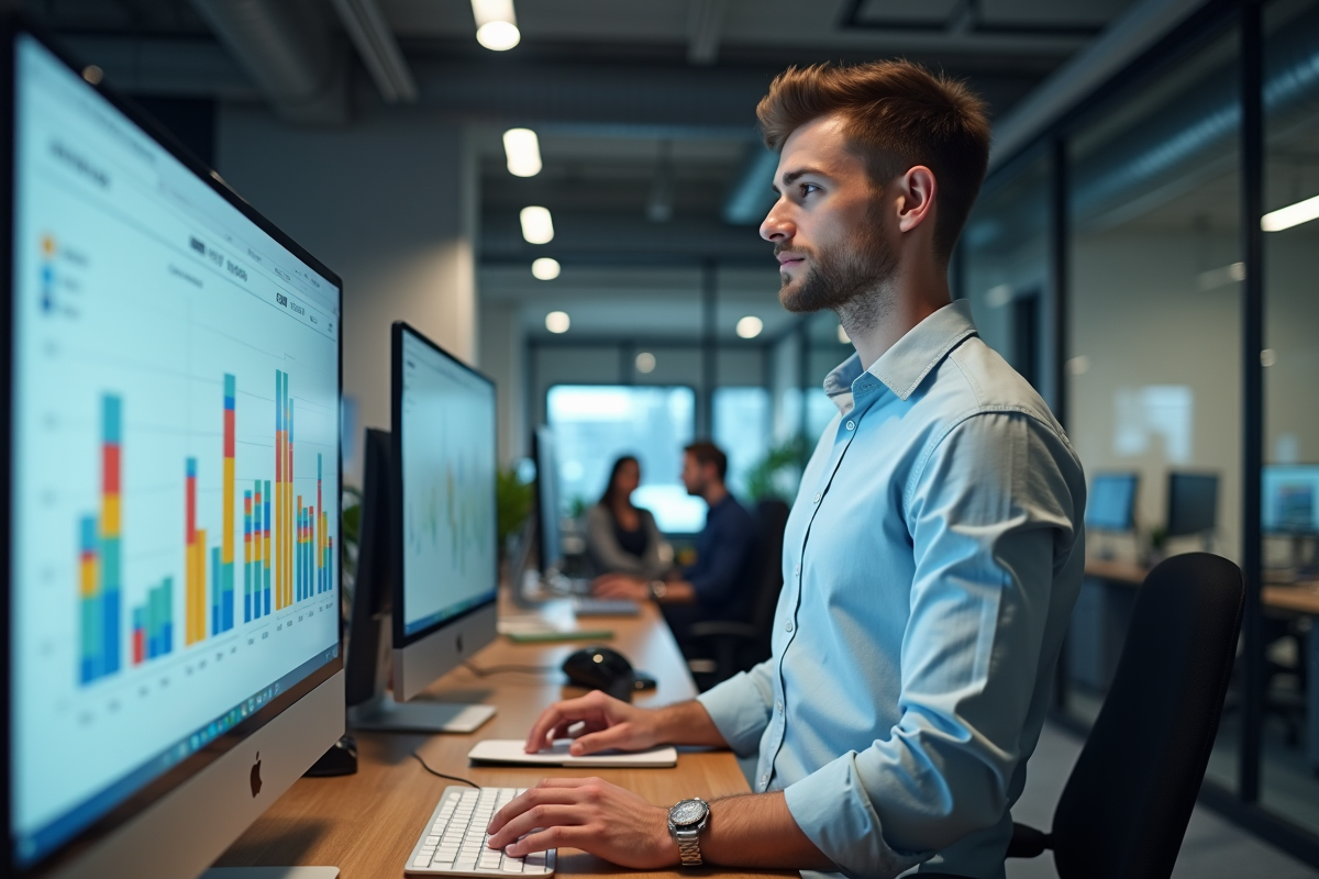 Jeune homme analysant des graphiques dans un bureau contemporain