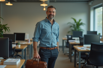 Homme d'âge moyen dans un bureau français avec effets personnels rangés