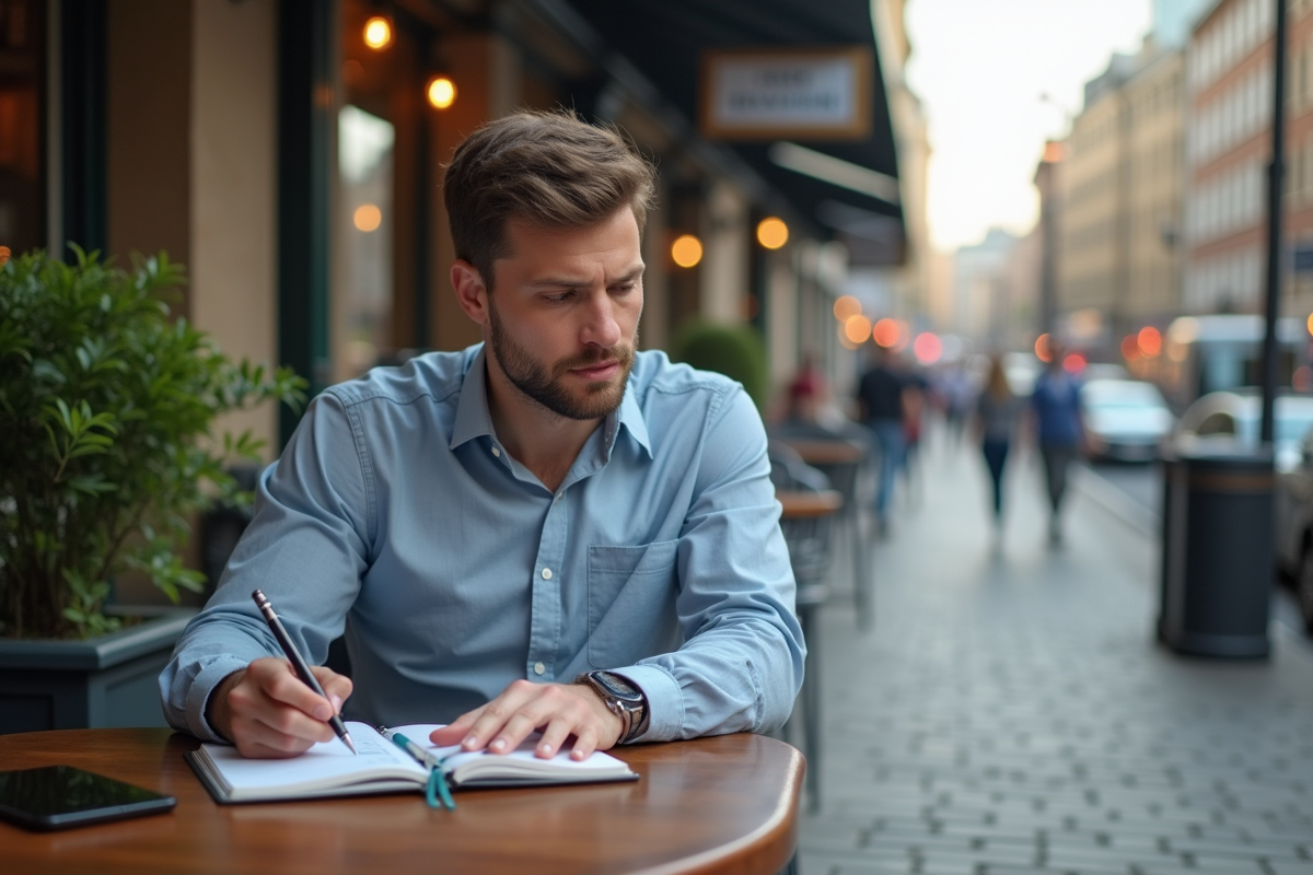 Homme analysant des graphiques dans un café urbain