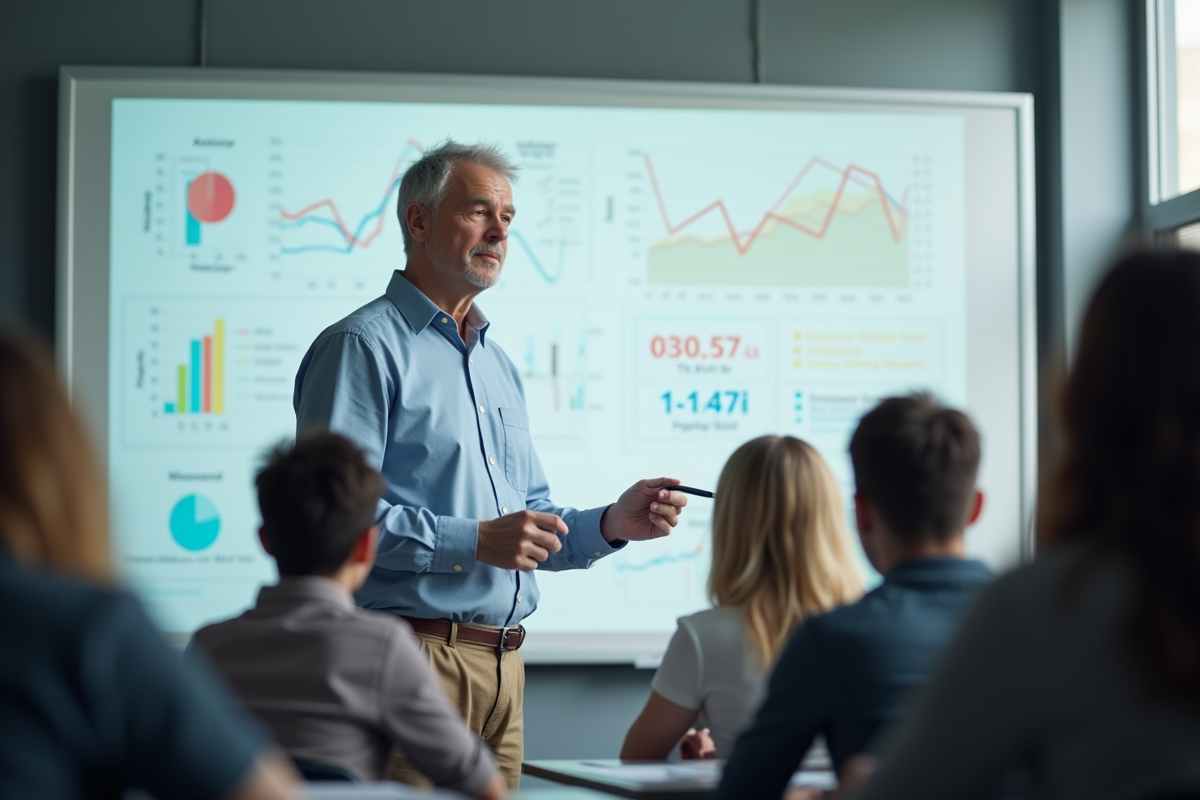 Homme confiant enseignant devant un tableau blanc en classe