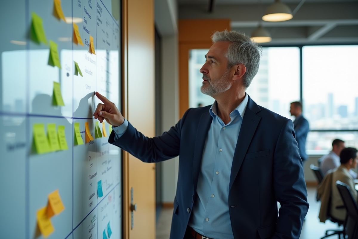 Homme en présentation avec tableau de notes colorées