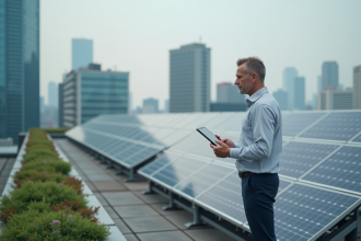 Homme d affaires observant des panneaux solaires en ville