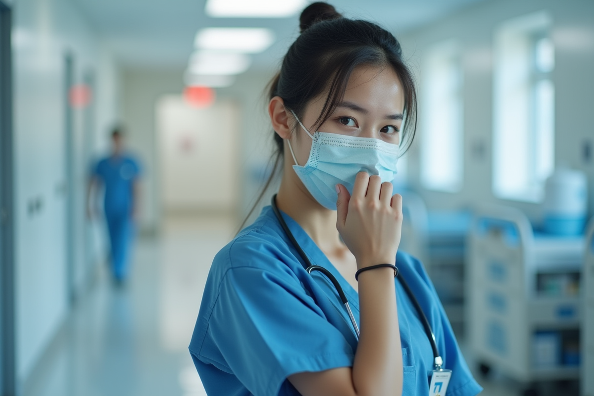 Infirmière en blouse ajustant son masque dans l