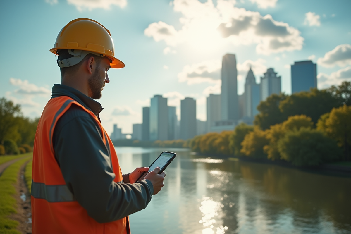 Inspecteur environnement avec tablette analysant l