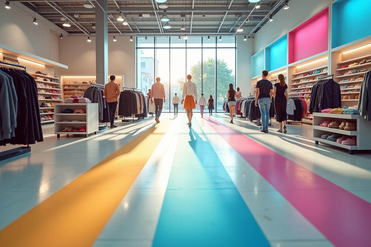 Client suivant un parcours coloré dans un magasin lumineux