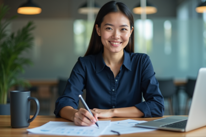 Femme professionnelle en bureau moderne avec documents