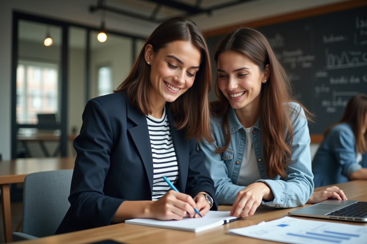 Jeune femme française prenant des notes en coworking
