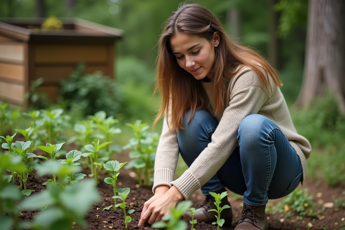 Jeune femme cultivant des jeunes plants dans un jardin communautaire
