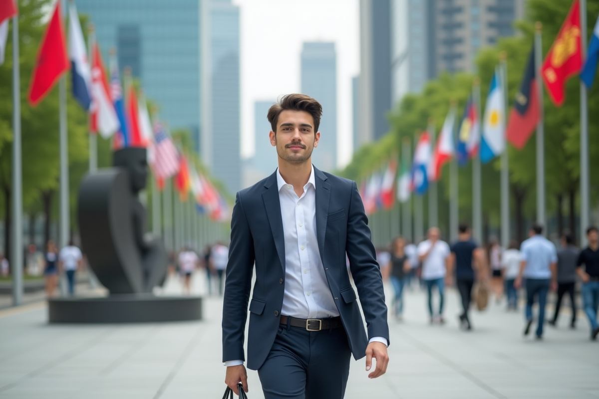 Jeune homme marchant dans une place urbaine animée